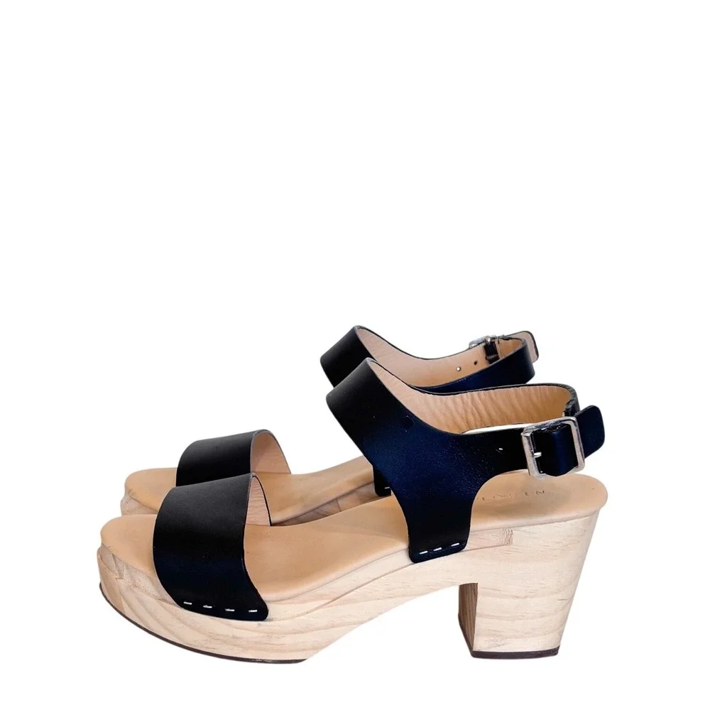Nisolo Womens Open Toe Platform Sandals Size 8.5 Black‎ Leather Wood Block Heel